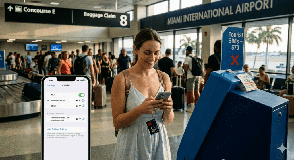 Tourist using a smartphone connected to 5G via a secure Miami airport eSIM connection inside the terminal.
