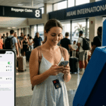 Tourist using a smartphone connected to 5G via a secure Miami airport eSIM connection inside the terminal.