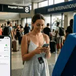 Tourist using a smartphone connected to 5G via a secure Miami airport eSIM connection inside the terminal.