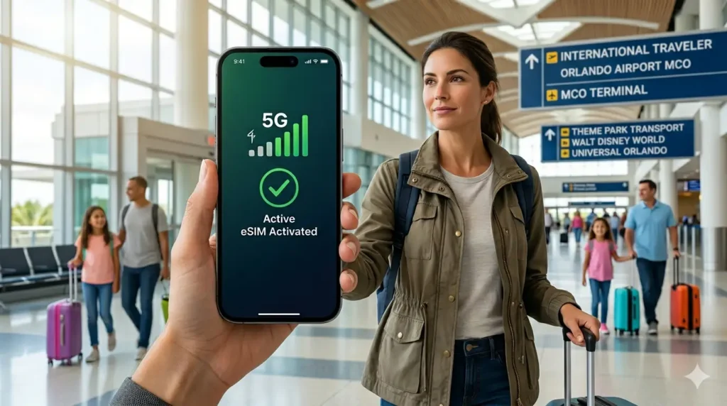 Checking premium eSIM devices compatibility and mobile data connection at Orlando Airport MCO