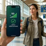 Checking premium eSIM devices compatibility and mobile data connection at Orlando Airport MCO