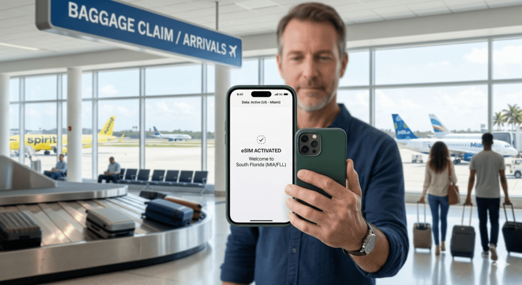Using a smartphone to activate an eSIM for Fort Lauderdale Airport.