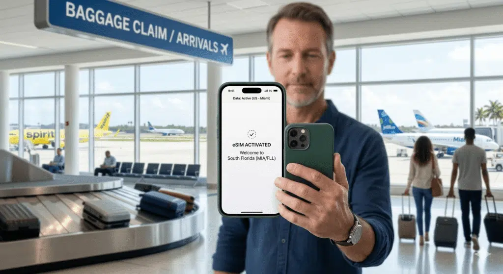 Using a smartphone to activate an eSIM for Fort Lauderdale Airport.