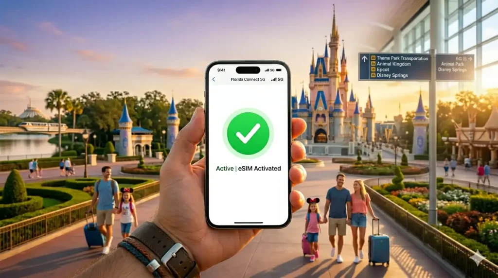 Using the best eSIM for Disney World to check mobile data and download park applications in Orlando