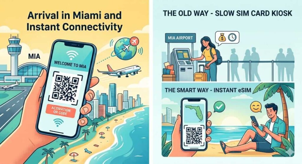 Comparison betwen traditional us physical SIM card rooming versus tourist eSIM Miami Florida