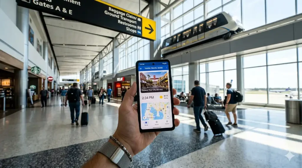 A traveler checking a Tampa Airport terminal guide inside the main terminal