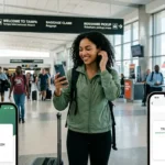 A traveler tourist successfully activating the best prepaid esim for tampa florida inside TPA Airport terminal.