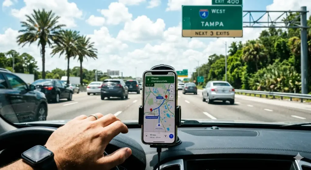 A smartphone displaying GPS navigation during an Orlando to Tampa drive on I-4 in Florida