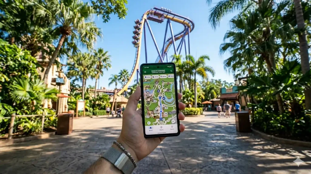 Using a Busch Gardens Tampa eSIM to check ride wait times on a smartphone
