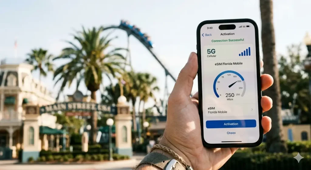 A tourist checking the best eSIM network in Orlando on a smartphone