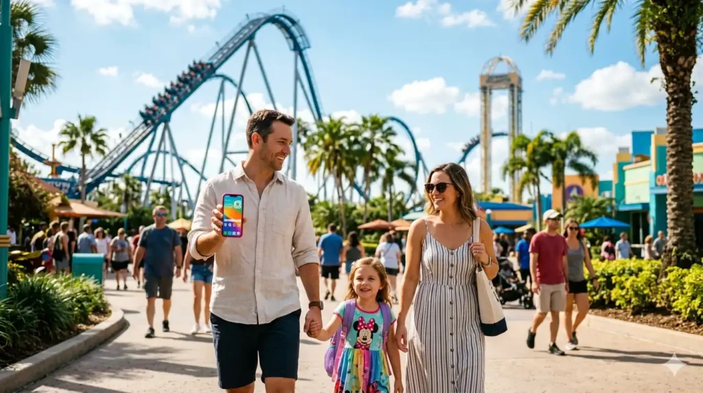 Tourist using cheap esim orlando florida data plan at a theme park