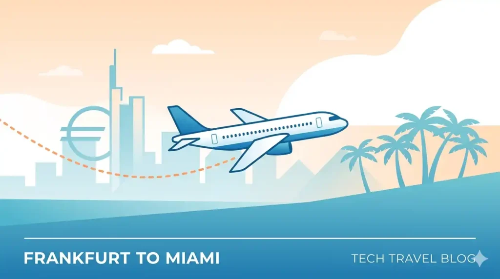 Minimalist illustration of a commercial airplane flying from Frankfurt to Miami with Florida travel eSIM concept