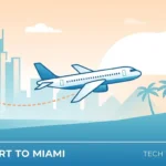Minimalist illustration of a commercial airplane flying from Frankfurt to Miami with Florida travel eSIM concept