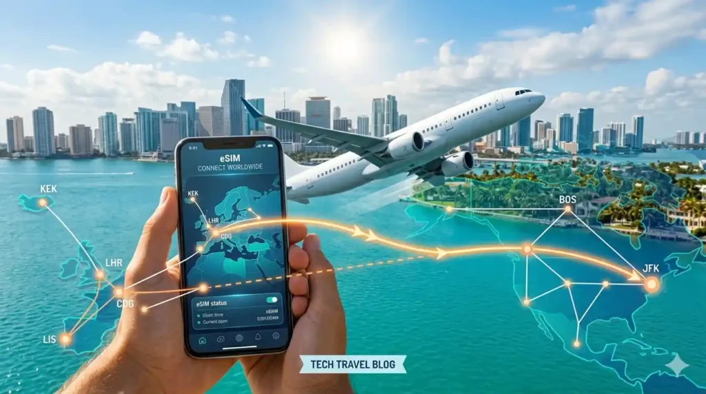 Commercial airplane flying over the ocean on a flight from Paris to Miami with a smartphone displaying a Florida eSIM connection.