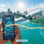Commercial airplane flying over the ocean on a flight from Paris to Miami with a smartphone displaying a Florida eSIM connection.