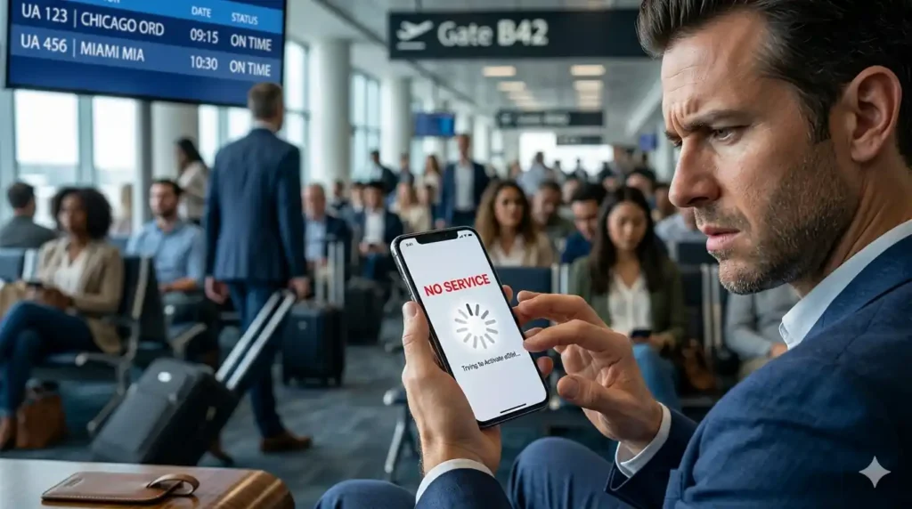 Passenger checking chicago to miami flights data on smartphone at airport gate