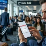 Passenger checking chicago to miami flights data on smartphone at airport gate