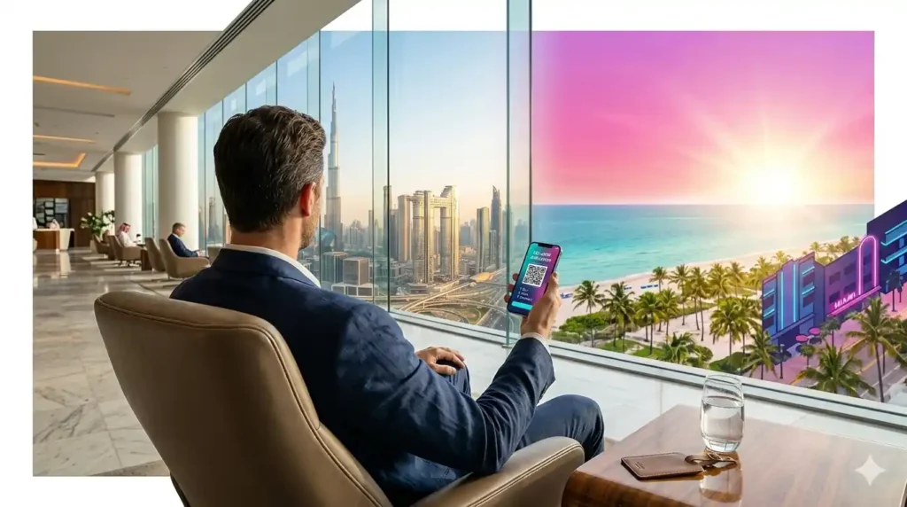 dubai to miami flights passenger activating high speed florida esim at airport lounge
