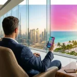 dubai to miami flights passenger activating high speed florida esim at airport lounge