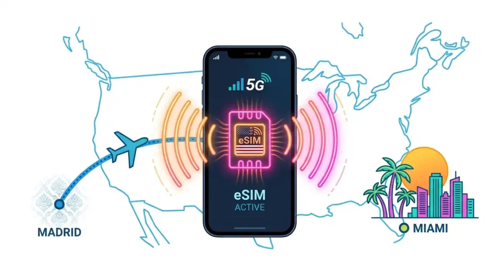 Madrid to Miami flights travel guide with a phone activating a US eSIM
