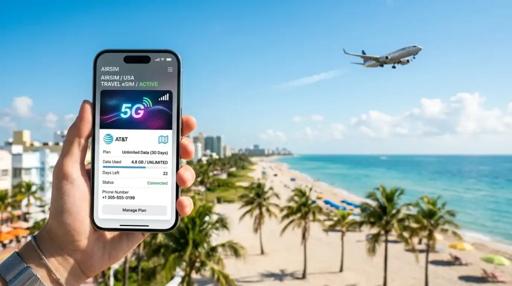 USA to Miami travel eSIM guide showing domestic flight routes and cellular 5G network connectivity in South Florida.