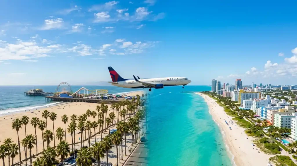 Commercial airplane operating los angeles to miami flights over the coast