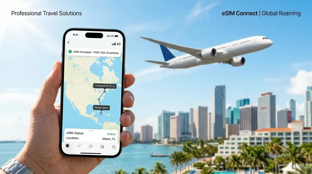 Flights from Charlotte to Miami travel eSIM smartphone tracking