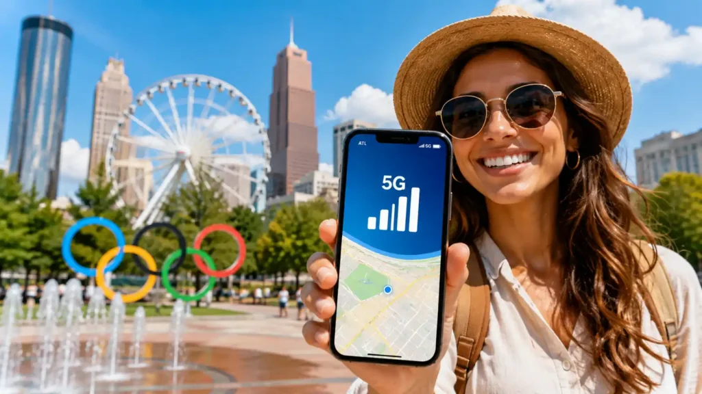 A traveler using an esim atlanta smartphone plan with 5G coverage in Georgia