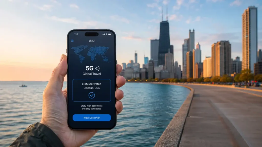 eSIM Chicago 5G coverage near downtown skyline