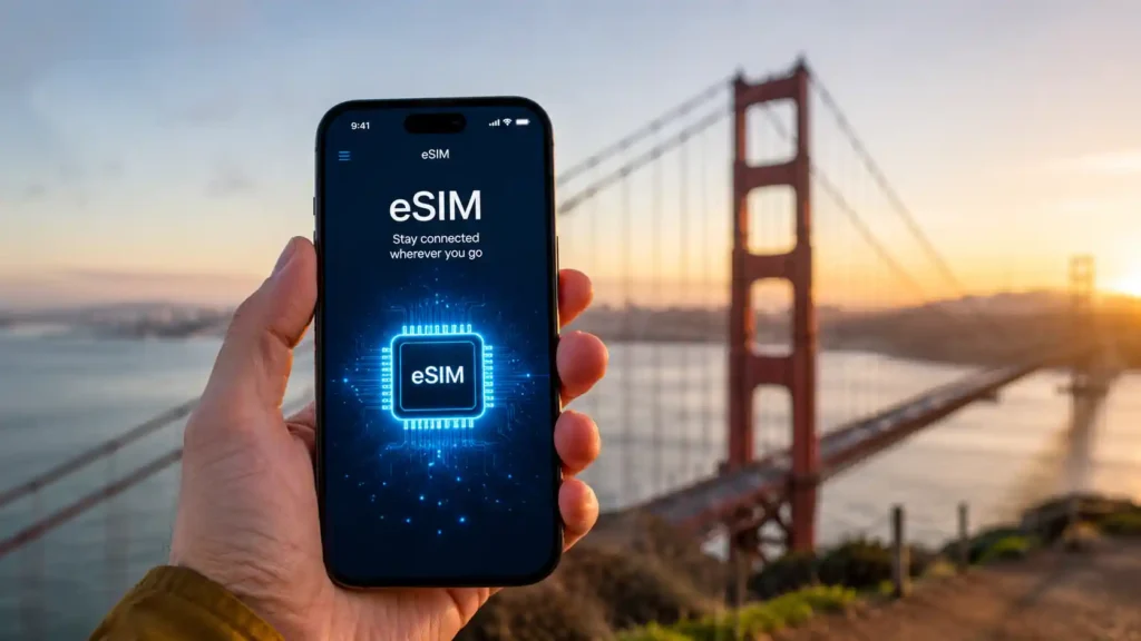 Best eSIM San Francisco travel data plan activated on smartphone with Golden Gate Bridge background.