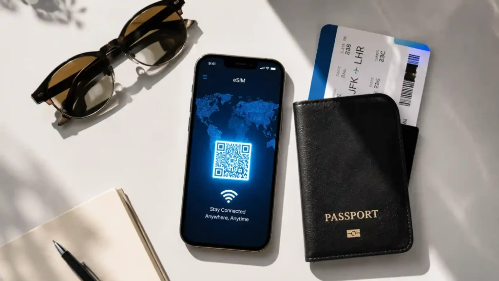Travel eSIM QR code activation on a modern smartphone screen for global data
