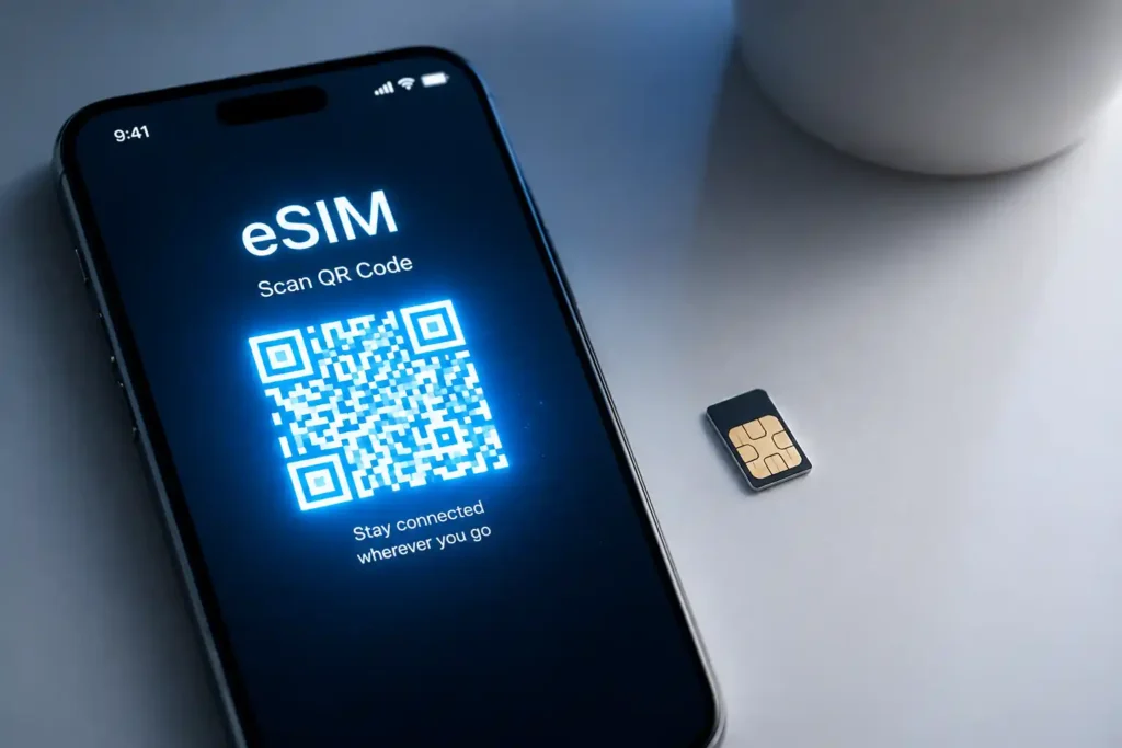 Illustration showing the transition from physical SIM cards to eSIM technology on a modern smartphone
