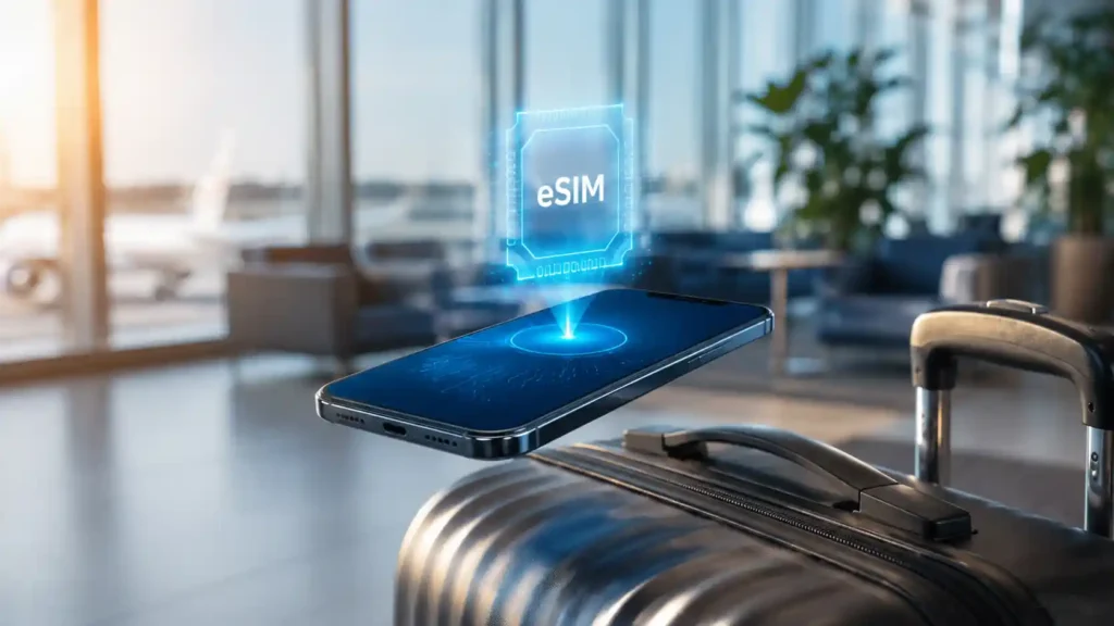 Smartphone with glowing eSIM technology and suitcase in a modern airport lounge, representing JFK airport WiFi and travel connectivity.