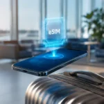Smartphone with glowing eSIM technology and suitcase in a modern airport lounge, representing JFK airport WiFi and travel connectivity.