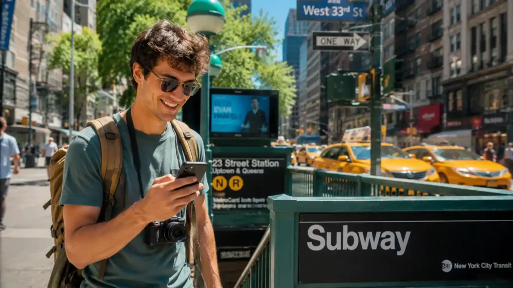 A happy budget traveler using the cheapest esim new york near a subway station