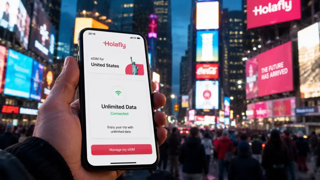 Traveler holding a smartphone connected to a holafly new york unlimited data eSIM in Times Square