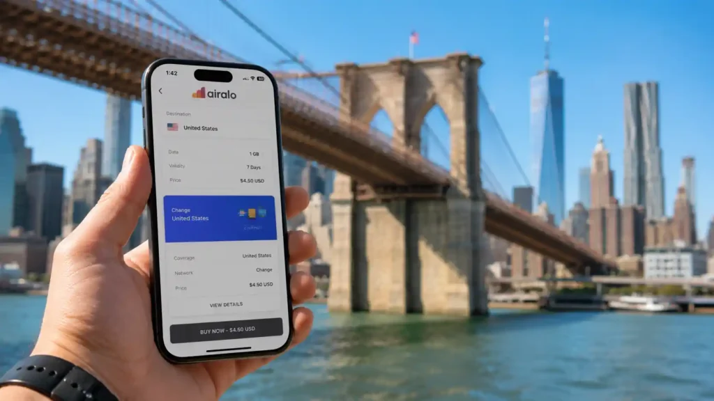 Traveler buying an airalo new york budget eSIM plan near the Brooklyn Bridge
