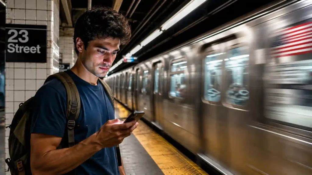 A traveler checking their smartphone for NYC subway WiFi and eSIM signal on an underground platform
