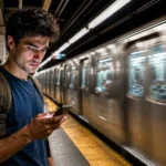 A traveler checking their smartphone for NYC subway WiFi and eSIM signal on an underground platform