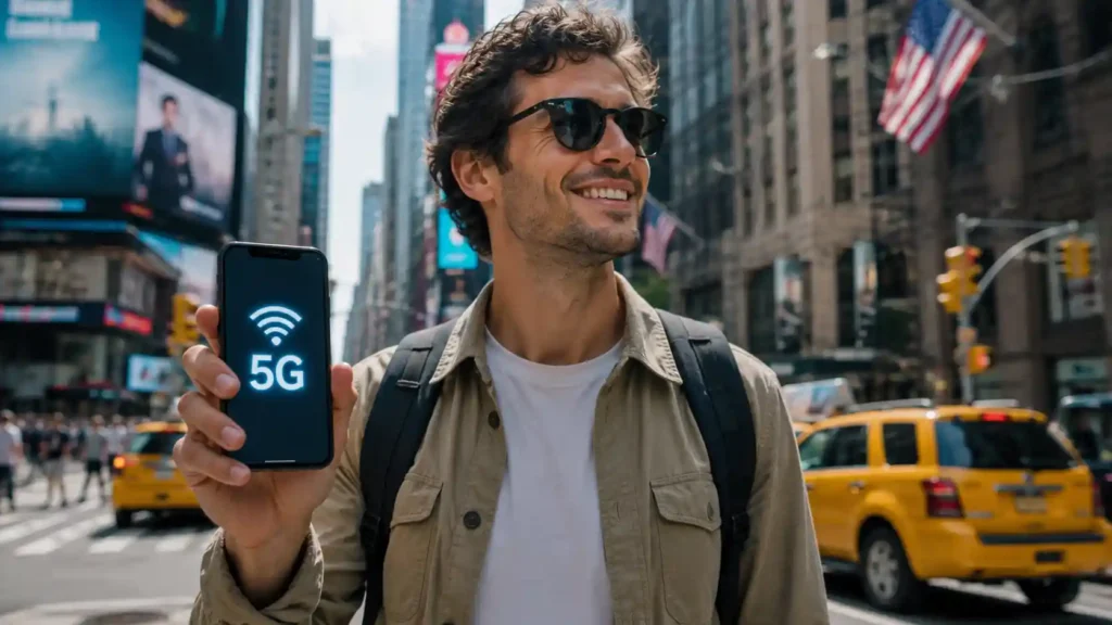 Tourist holding a smartphone with strong 5G signal looking for the best mobile network in NYC