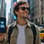 Best Mobile Network in NYC: T-Mobile vs AT&T vs Verizon Tourist holding a smartphone with strong 5G signal looking for the best mobile network in NYC