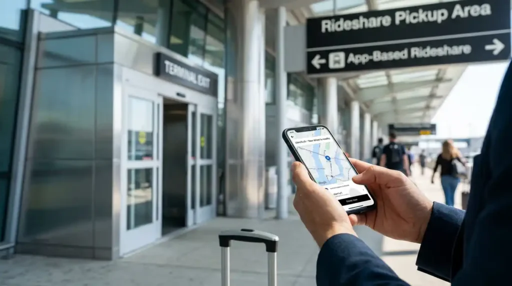 Traveler using LGA airport wifi to book a ride at LaGuardia Airport Terminal B pickup zone