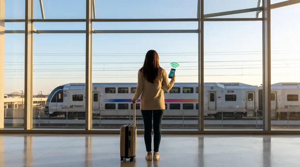 Traveler using Newark airport wifi and EWR eSIM before taking NJ Transit to NYC